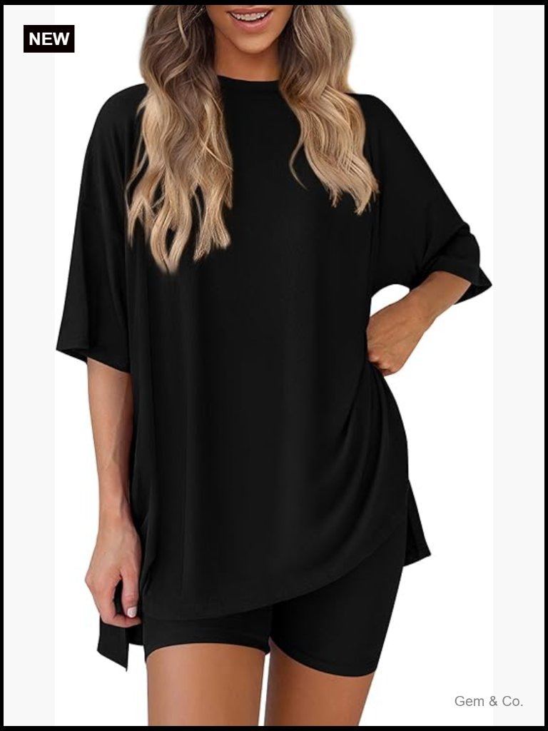 Women's 2 Piece Lounge Set Oversized Tee & Biker Shorts Matching Outfit